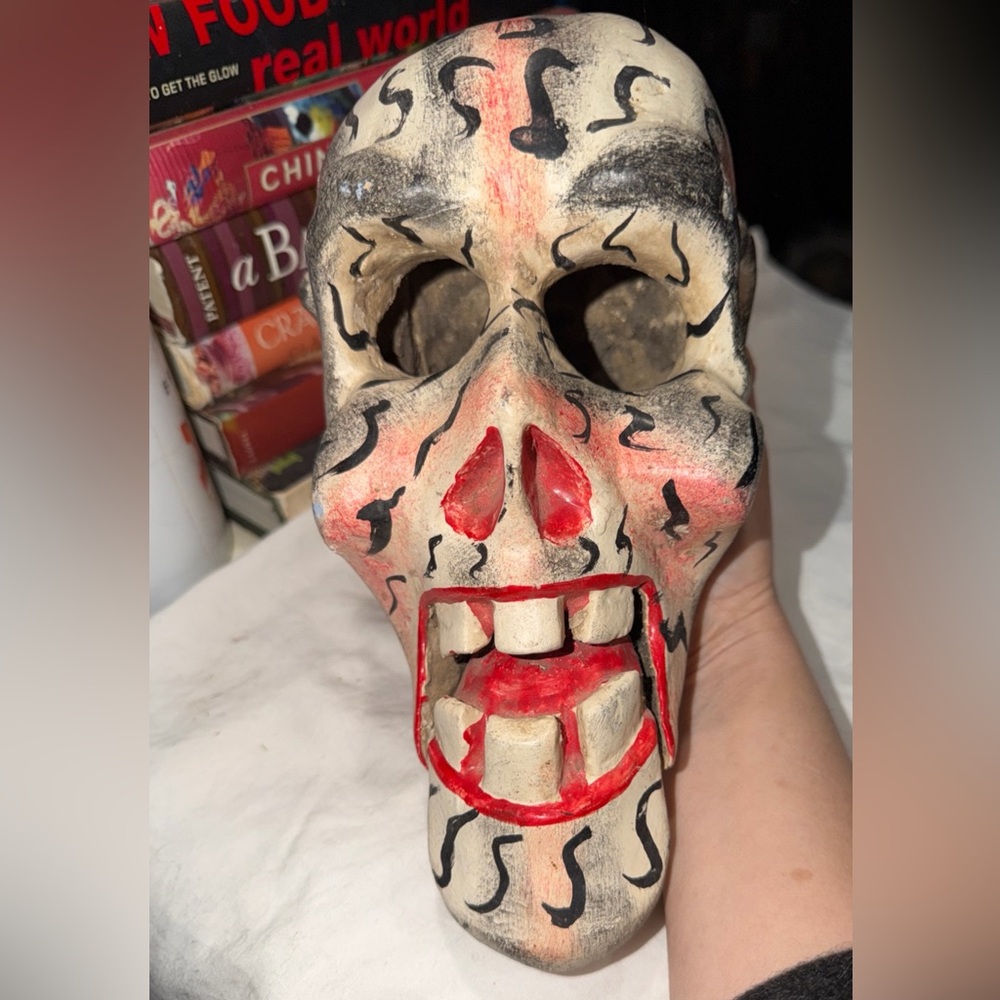 Vintage Mexican Folk Art Papier Mache Moveable 3-D Multicolor Skull